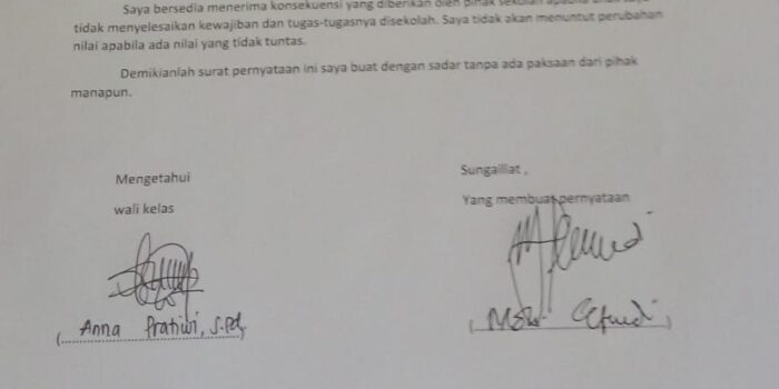 Orang Tua Murid Terkejut Sikap Pihak Sekolah SMAN I Sungailiat Berikan Surat Pernyataan